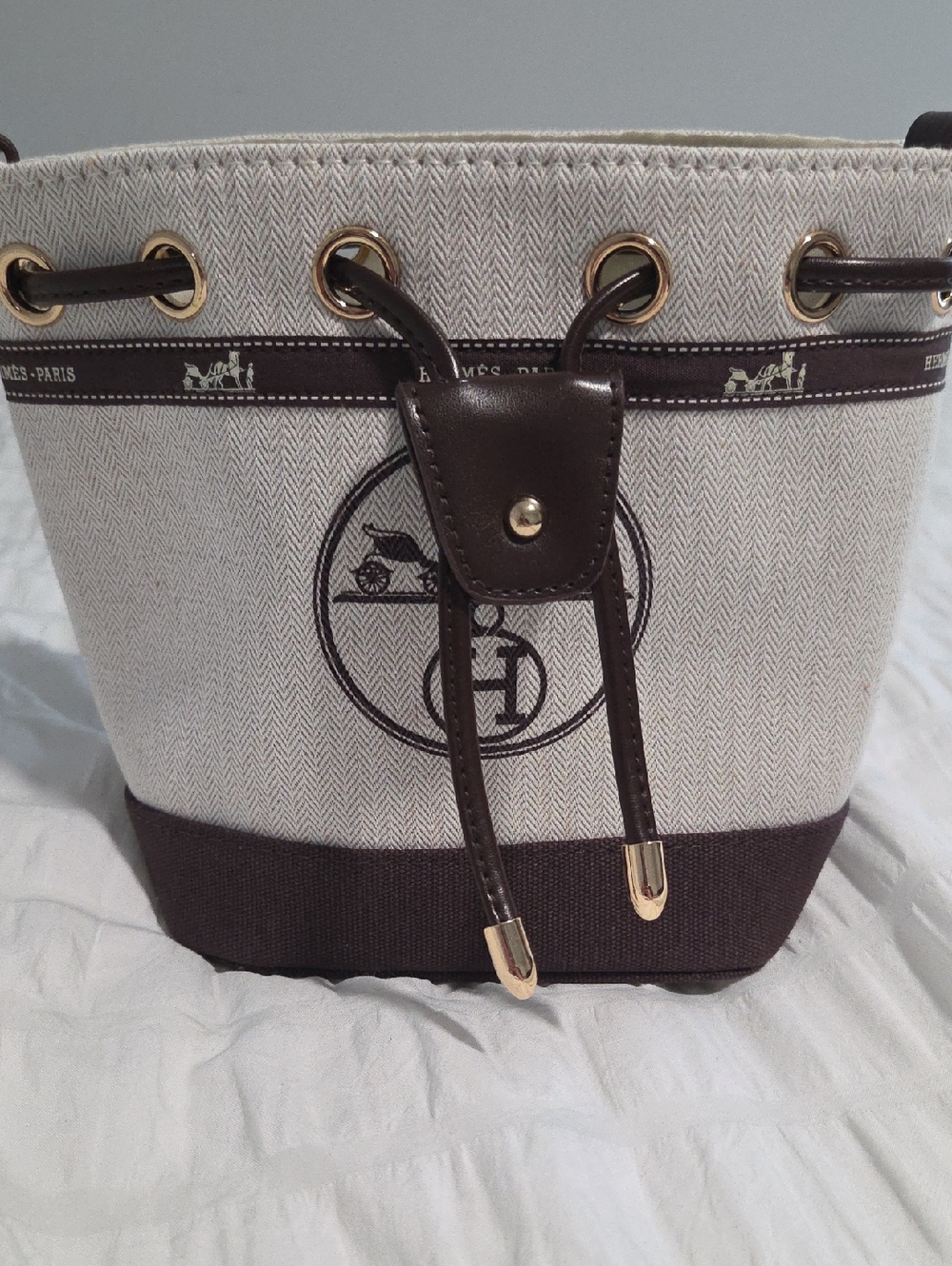 Hermes Beige and Dark Brown Logo GWP Bucket Bag